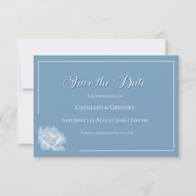 Floral Line Art Dusty Blue White Wedding Save The Date (Vorderseite)