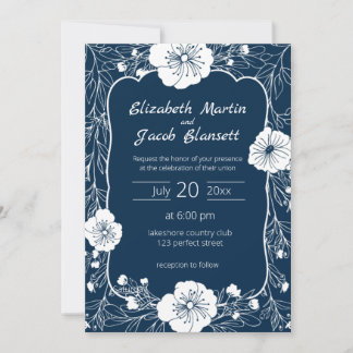 Floral Line Art Faire-part de mariage blanc et ble