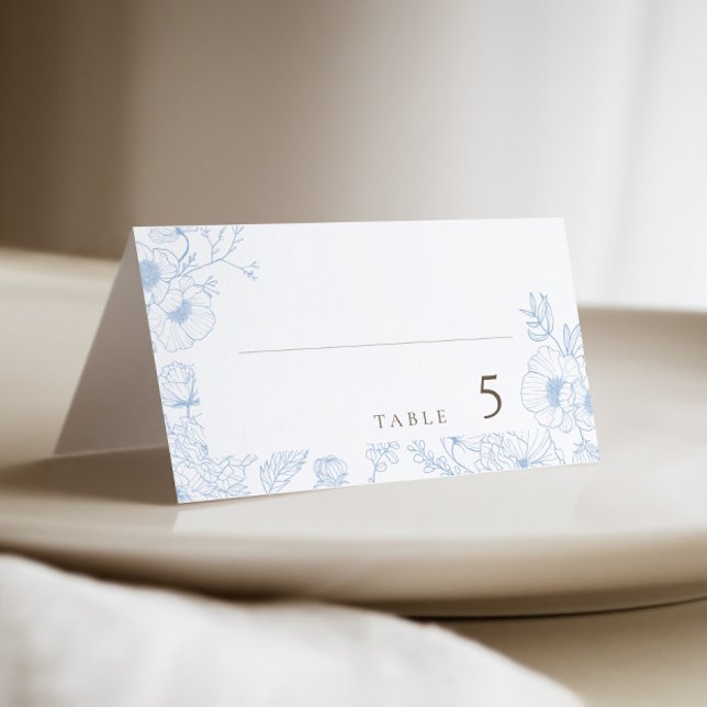 Floral Line Art French Blue Wedding Platzkarte (Von Creator hochgeladen)