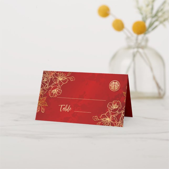 Floral Line Art Red Gold | Chinesische Hochzeit Platzkarte (Vorderseite)