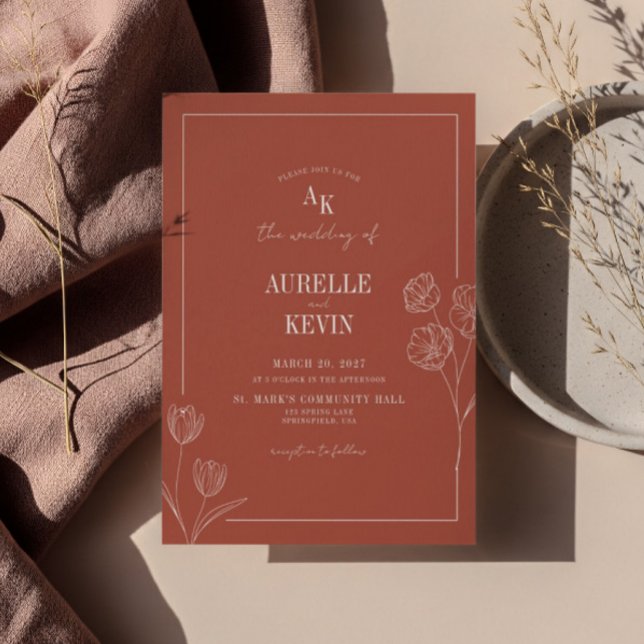 Floral Line Art Rustic Terracota Elegant Wedding  Einladung (Von Creator hochgeladen)