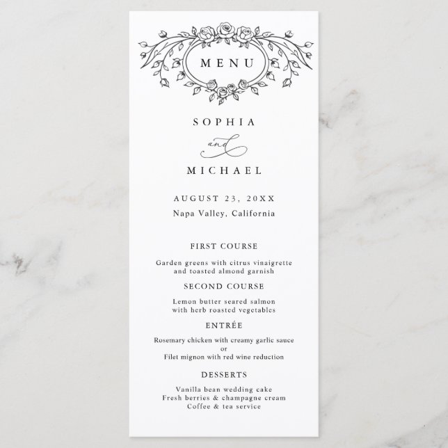 Floral Line Art Wedding Flat Menu Menükarte (Vorderseite)