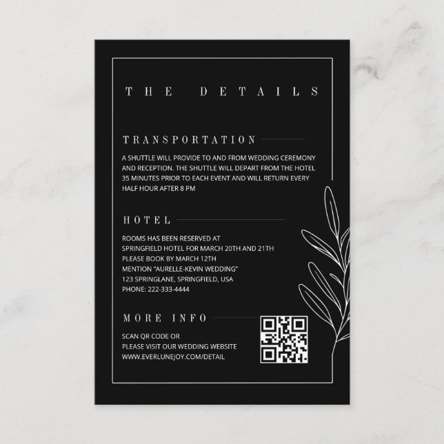 Floral Line Rustic Black Elegant Wedding Details Begleitkarte (Vorderseite)
