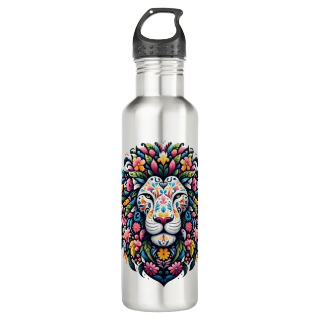 Floral Lion Silhouette Edelstahlflasche (Vorderseite)
