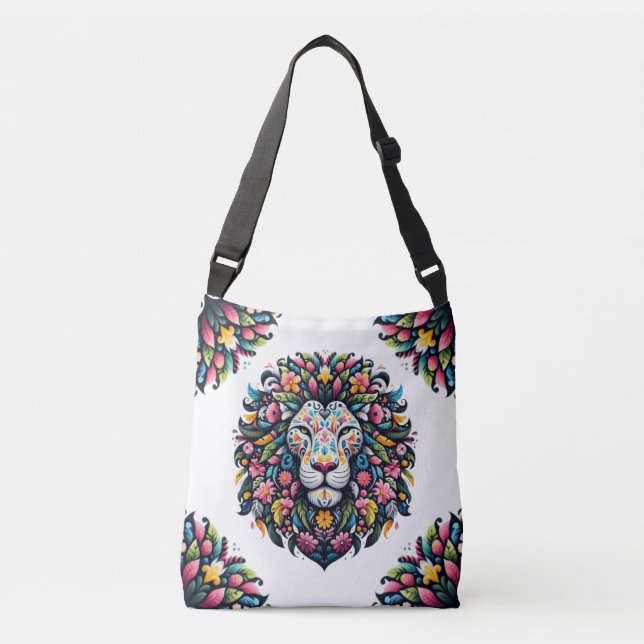 Floral Lion Silhouette Tragetaschen Mit Langen Trägern (Vorderseite)