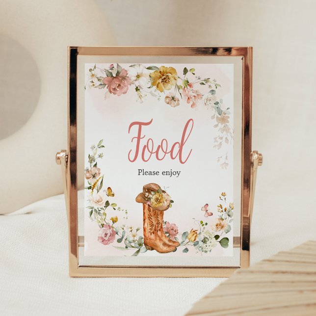 Floral Little Cowgirl Babydusche Nahrung Poster (Cowgirl Wild West Baby Shower Food Sign)