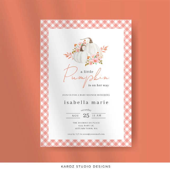 Floral Little Pumpkin Baby Dusche Einladung (Invitation is shown in 5 x 7 in. Personalize and choose paper and corner style.)