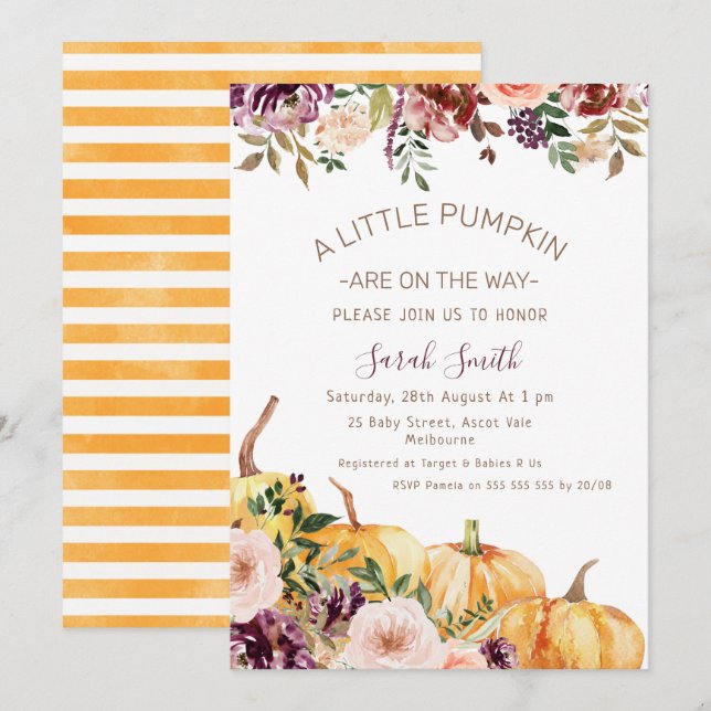Floral Little Pumpkins Baby Dusche Einladung (Vorne/Hinten)
