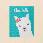 Floral Llama Alpaca Aquamarine Personalisierte Kin<br><div class="desc">Niedliche,  weiße Lama-Illustration,  Blume und aquamariner blauer Polka-Punkt-Hintergrund machen dies zu einem lustigen Rätsel für ein junges Mädchen. Personalisieren Sie mit ihrem Namen für ein besonderes Geschenk,  dass sie Schatz.</div>