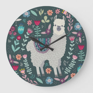 Floral Llama: Vintage handGezeichnet Doodles Große Wanduhr