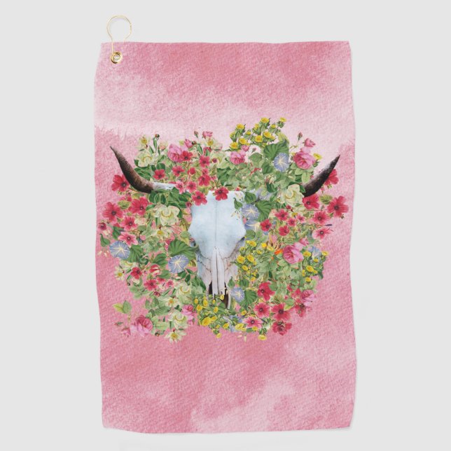 Floral Longhorn Skull auf Aquarell Golfhandtuch (Vorderseite)
