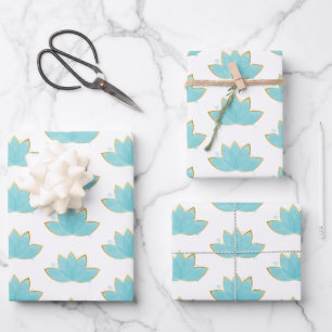 Floral Lotus Watercolor Seepromenade Blau & Imitat Geschenkpapier Set