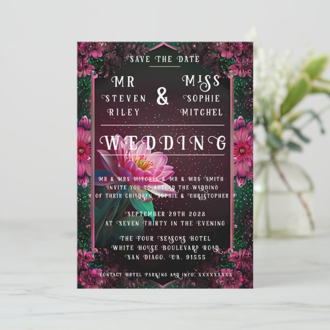 Floral Lotus Wedding Suite | Starry Night Romance Einladung (Stehend Vorderseite)