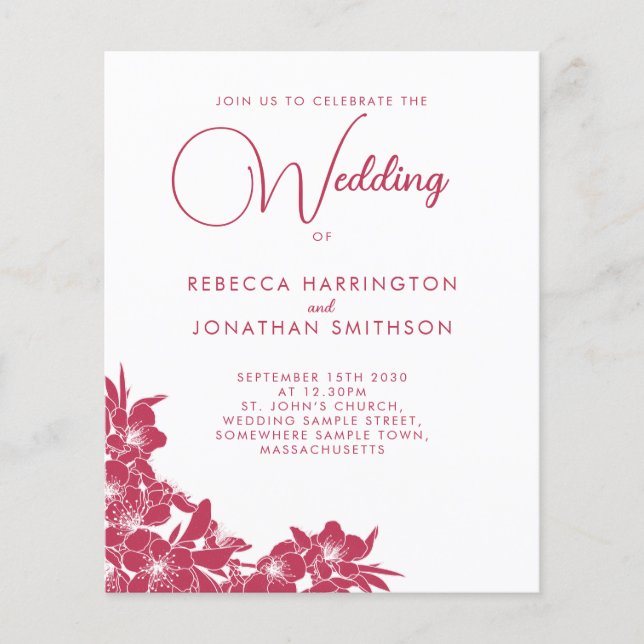 Floral Magenta Pink Budget Einladung Hochzeit (Vorderseite)