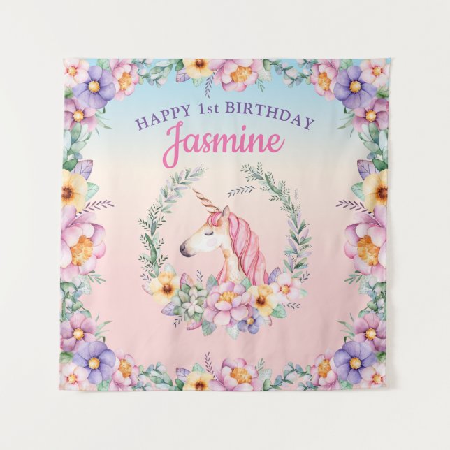 Floral Magical Unicorn Backdrop & Tapestry  Wandteppich (Vorderseite)
