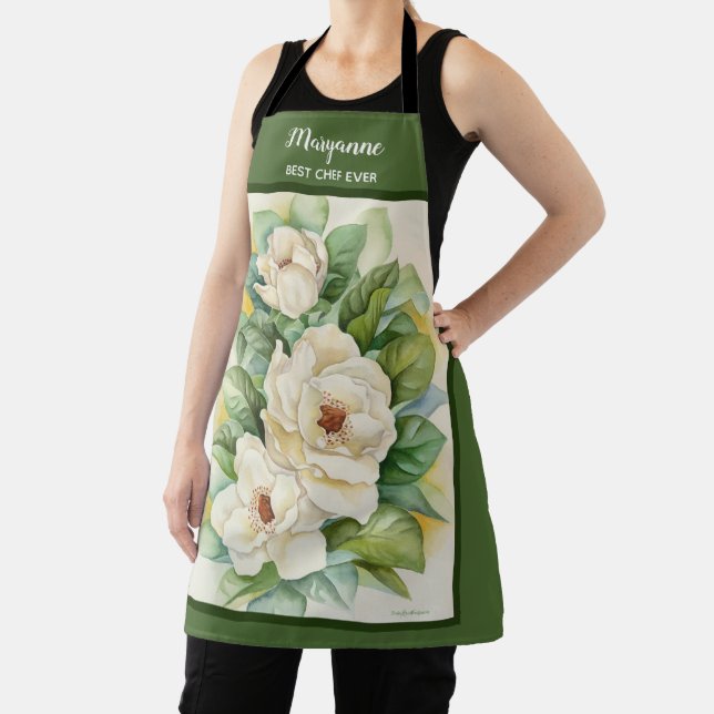 Floral Magnolia Name Grüne Wasserfarbe Schürze (InSitu)