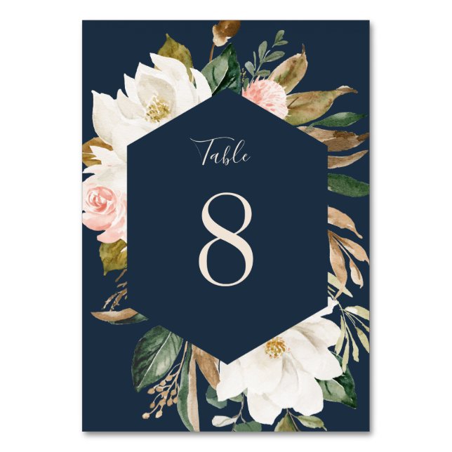 Floral Magnolia Neutrale Navy Blush Tischnummer (Vorderseite)