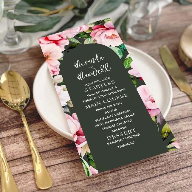 Floral Magnolia Peony Dark Green Wedding Menükarte (Von Creator hochgeladen)