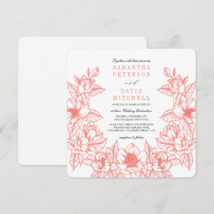 Floral Magnolia Wreath Korallen Hochzeit Einladung