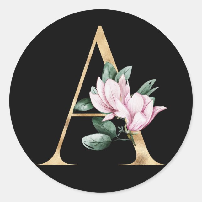 Floral-Magnolien-Monogramm in Gold Runder Aufkleber (Vorderseite)