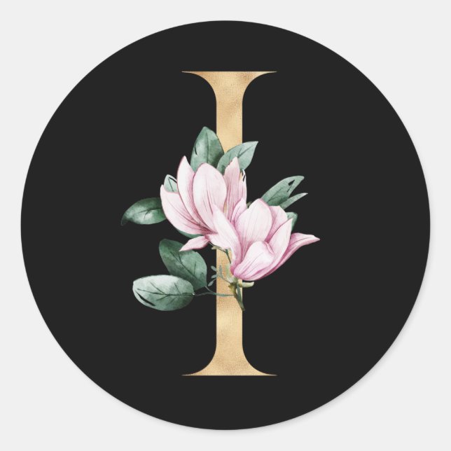 Floral-Magnolien-Monogramm in Goldbuchstaben I Runder Aufkleber (Vorderseite)
