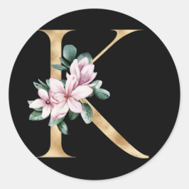 Floral-Magnolien-Monogramm in Goldbuchstaben K Runder Aufkleber