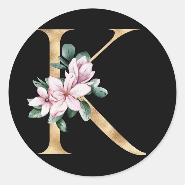 Floral-Magnolien-Monogramm in Goldbuchstaben K Runder Aufkleber (Vorderseite)