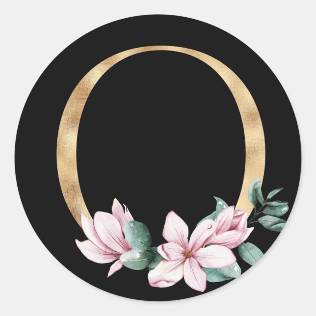 Floral-Magnolien-Monogramm in Goldbuchstaben O Runder Aufkleber (Vorderseite)