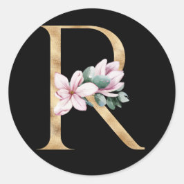 Floral-Magnolien-Monogramm in Goldbuchstaben R Runder Aufkleber