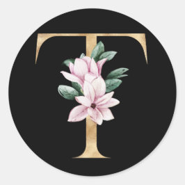 Floral-Magnolien-Monogramm in Goldbuchstaben T Runder Aufkleber