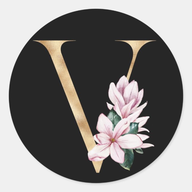 Floral-Magnolien-Monogramm in Goldbuchstaben V Runder Aufkleber (Vorderseite)