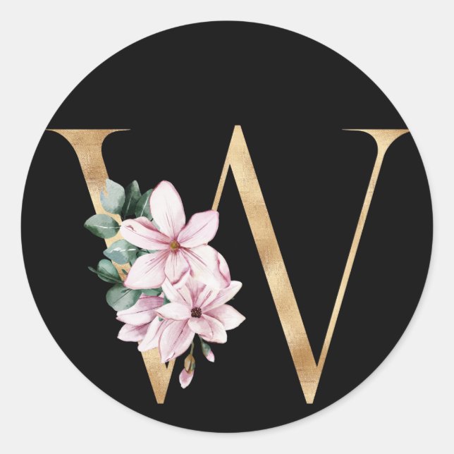 Floral-Magnolien-Monogramm in Goldbuchstaben W Runder Aufkleber (Vorderseite)