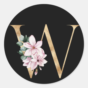 Floral-Magnolien-Monogramm in Goldbuchstaben W Runder Aufkleber