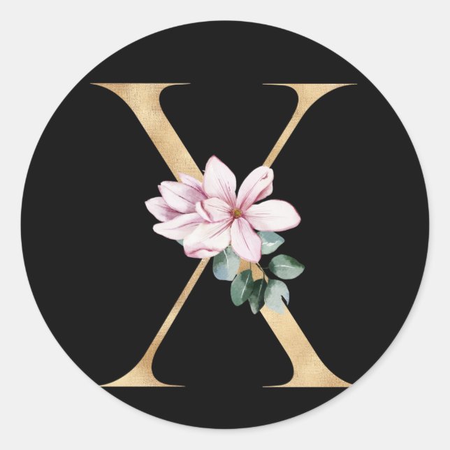 Floral-Magnolien-Monogramm in Goldbuchstaben X Runder Aufkleber (Vorderseite)