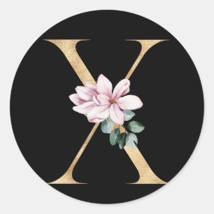 Floral-Magnolien-Monogramm in Goldbuchstaben X Runder Aufkleber