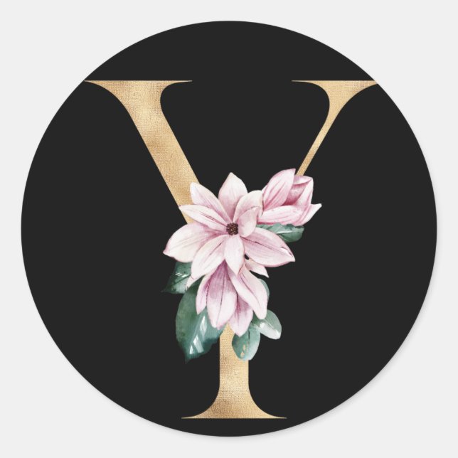 Floral-Magnolien-Monogramm in Goldbuchstaben Y Runder Aufkleber (Vorderseite)