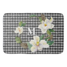 Floral Magnolisch Schwarz-Weiß-Karo mit Monogramm