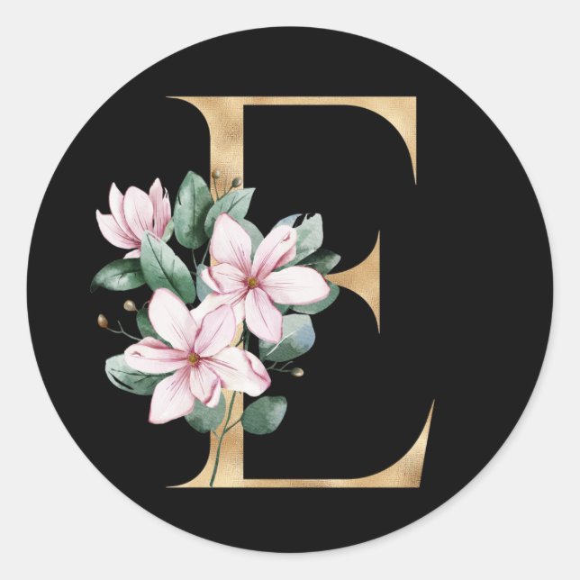 Floral magnolisches Monogramm in Goldbrief E Runder Aufkleber (Vorderseite)