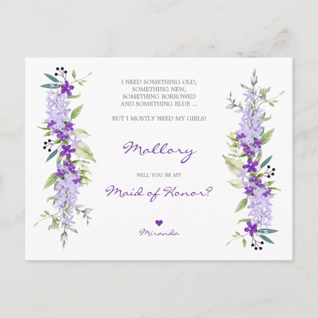 Floral maid of Honor Proposal in Lillac Shades Einladungspostkarte (Vorderseite)