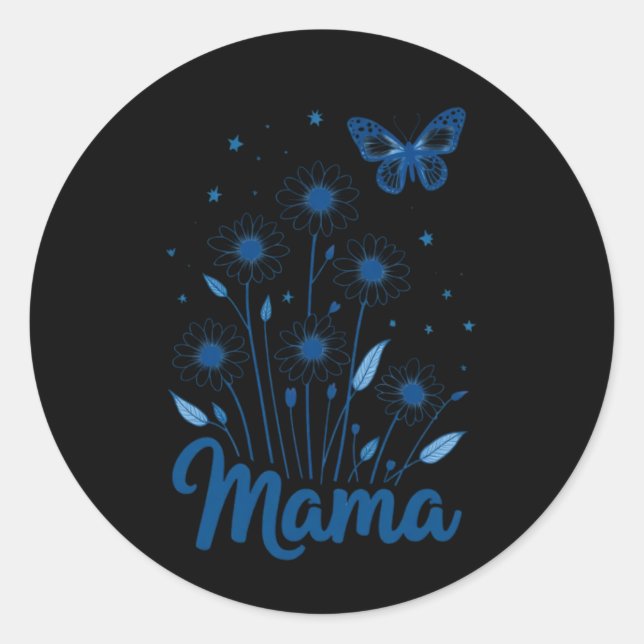 Floral Mama Script mit Blue Butterfly Runder Aufkleber (Vorderseite)