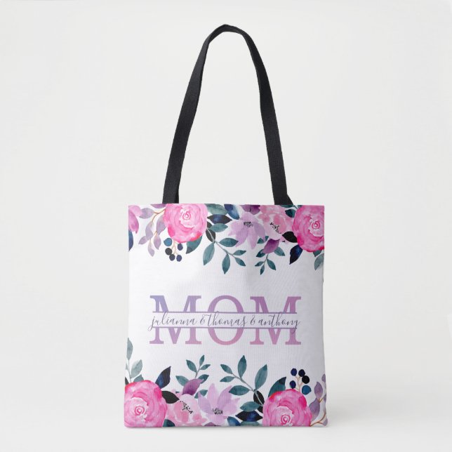 Floral Mama spaltete Monogramm mit Kindernamen Tasche (Vorderseite)