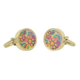 Floral Mandala Collage Psychedelic Manschettenknöpfe Gold