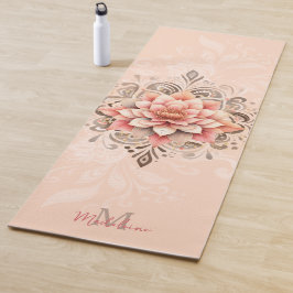 Floral Mandala Coral Pink Mocha Chic Name Monogram Yogamatte