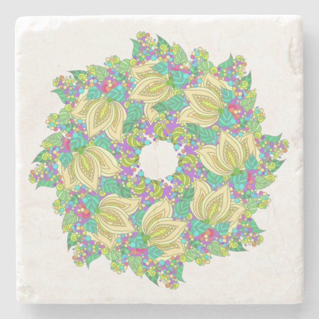 Floral Mandala Design in hübscher Blues und Pinsel Steinuntersetzer (Vorderseite)