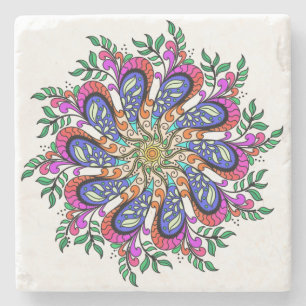 Floral Mandala Design in hübscher Blues und Pinsel Steinuntersetzer
