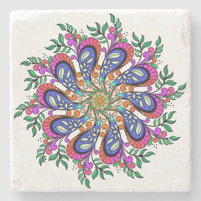 Floral Mandala Design in hübscher Blues und Pinsel Steinuntersetzer (Vorderseite)