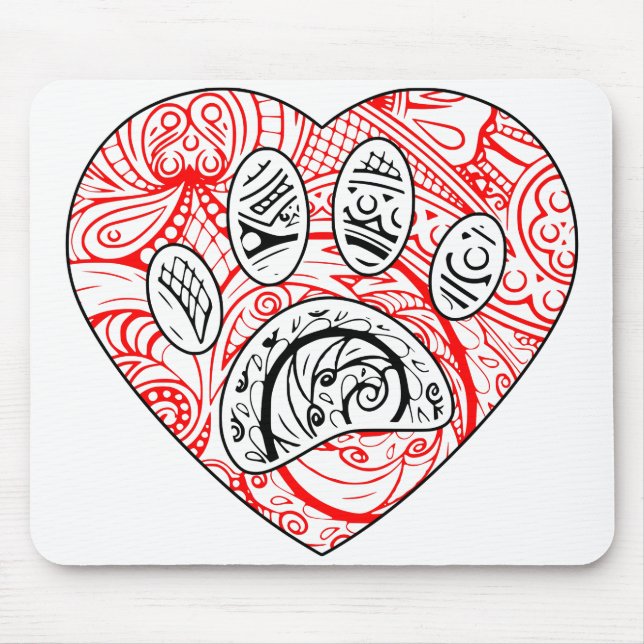Floral Mandala Dog Paw Print Red Heart Mousepad (Vorne)