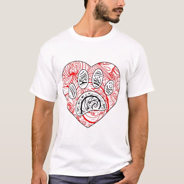 Floral Mandala Dog Paw Print Red Heart T-Shirt (Vorderseite)