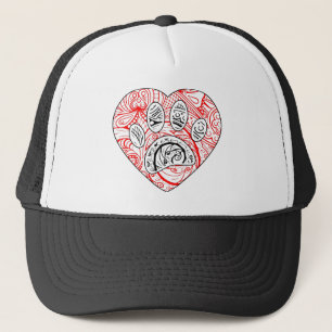Floral Mandala Dog Paw Print Red Heart Truckerkappe