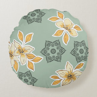 Floral Mandala Elegance: Green Cushion Design Rundes Kissen